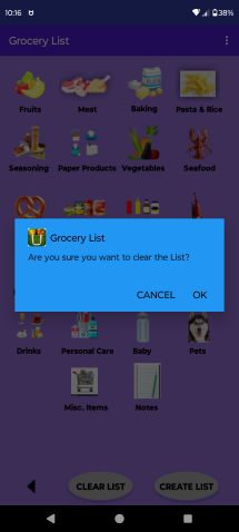 Grocery List Clear List Screen