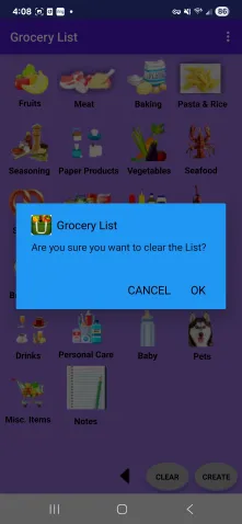 Grocery List Clear List Screen