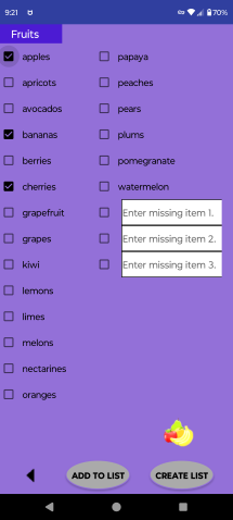 Grocery List Fruits Screen