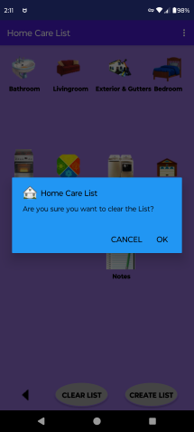 Home Care List Clear List Screen