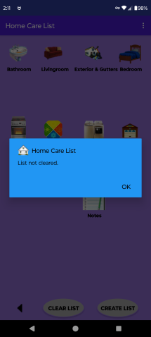 Home Care List, List Not Cleared Screen