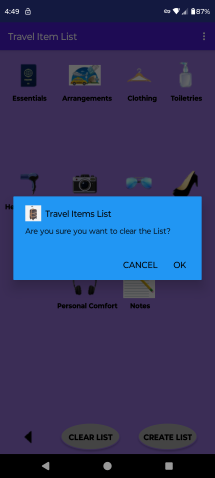 Travel Item Care List Clear List Screen