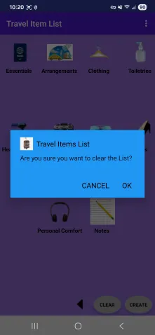 Travel Item Care List Clear List Screen