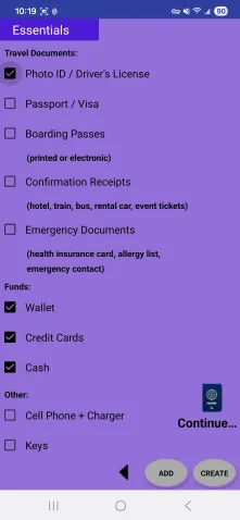 Travel Item List Essentials Screen