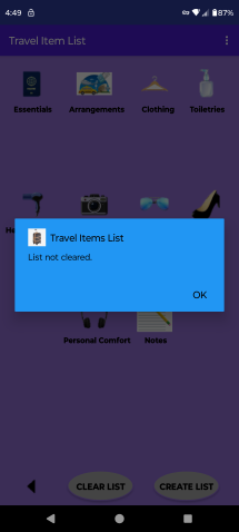 Travel Item List, List Not Cleared Screen