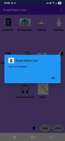 Travel Item List, List Not Cleared Screen